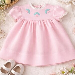Vintage Baby Girl Pink Dress 24M Lace Puff Sleeve Cottage Easter Smocked